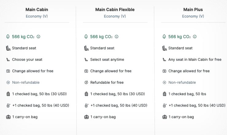 image of different cabin classes with details