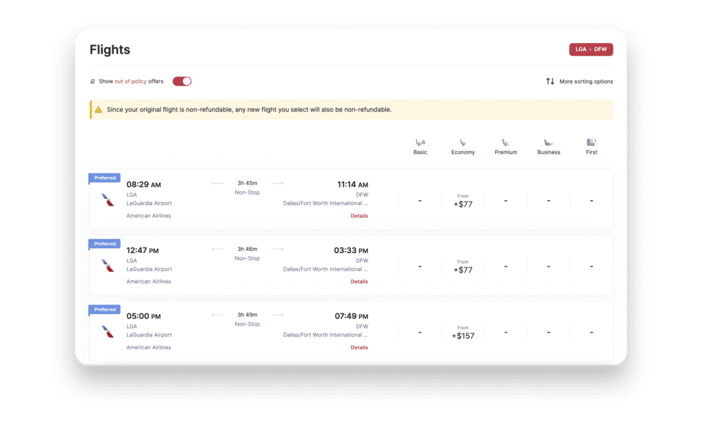 Spotnana's interface showing price differences when changing a flight.