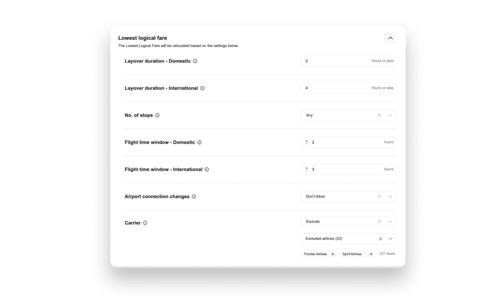 The Spotnana OBT interface for setting Dynamic Lowest Logical Fare rules.