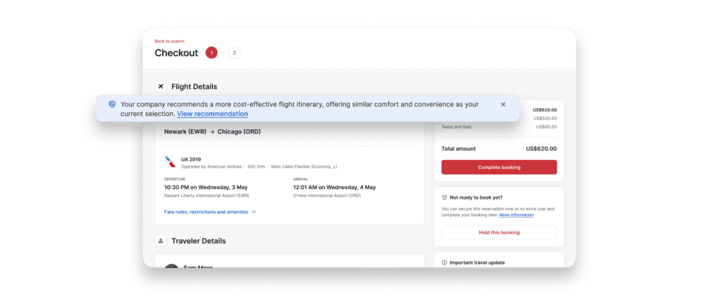 Spotnana's checkout screen featuring a reminder for travelers to select in-policy options.