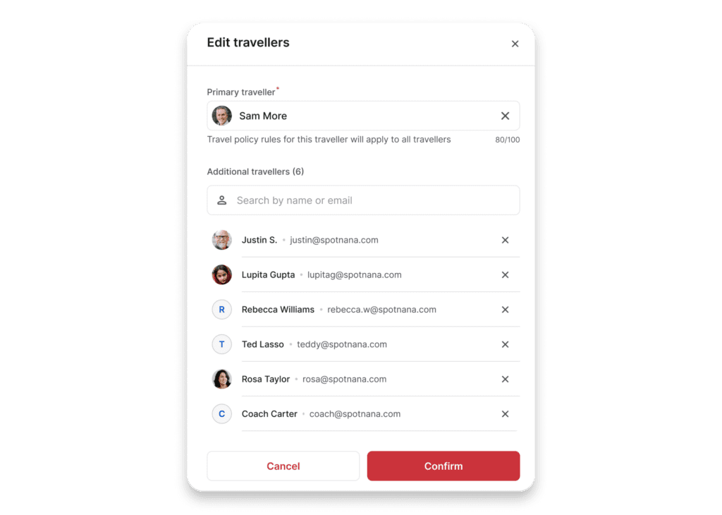 Spotnana's interface for adding travelers to a flight.