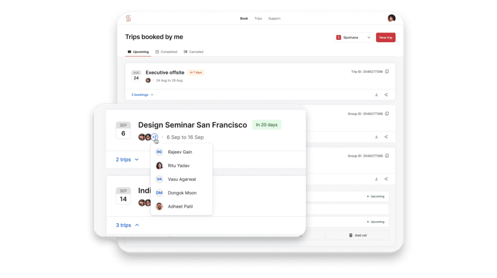 Spotnana's interface showing multiple travelers on one flight.