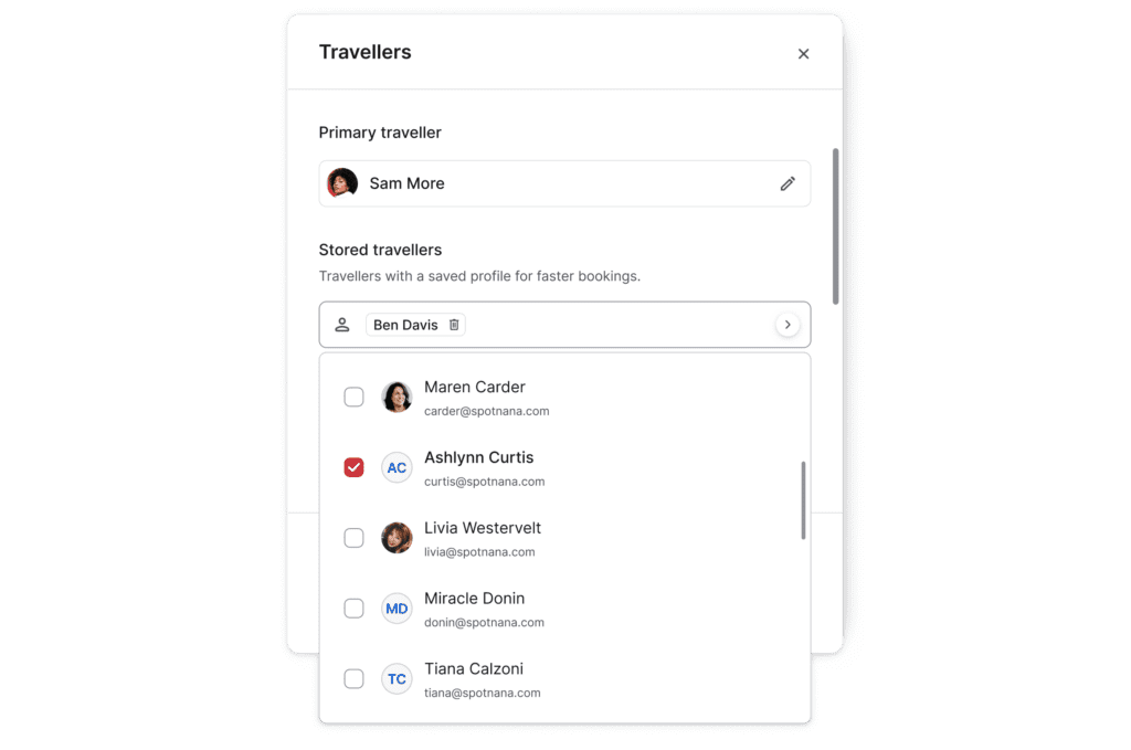 Spotnana's interface for adding travelers to a flight.