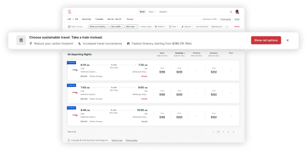 Spotnana's interface for train vs. plane.