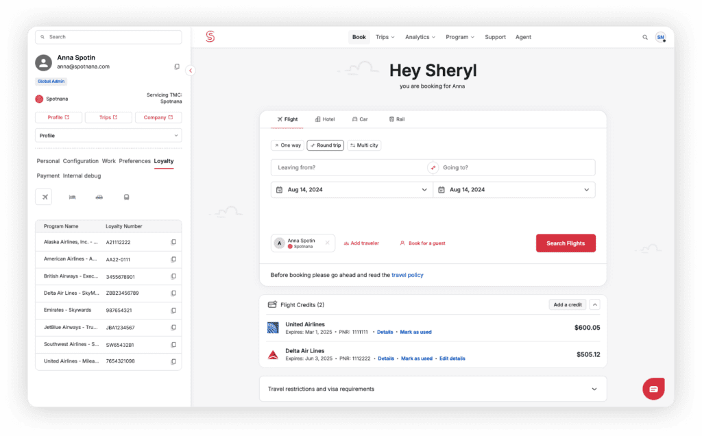 Spotnana's agent companion view empowers agents with traveler information.