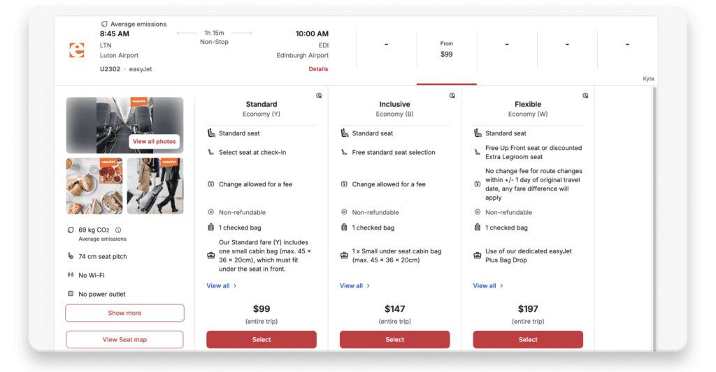 Screenshot of Spotnana's Easyjet integration