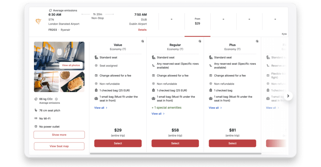 Screenshot of Spotnana's Ryanair integration