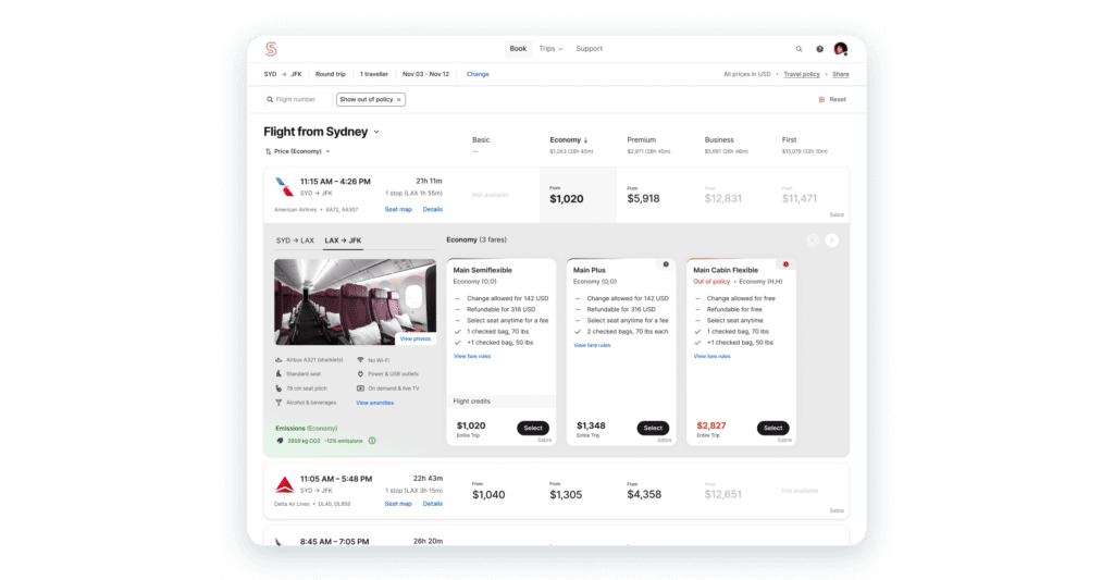 An example of a flight search on Spotnana.