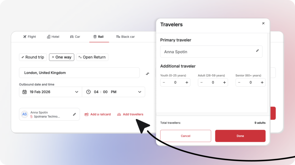 Screens of Spotnana's rail interface.