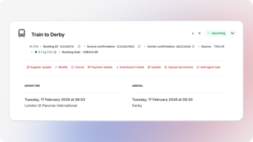 Spotnana's interface for self-service rail changes.
