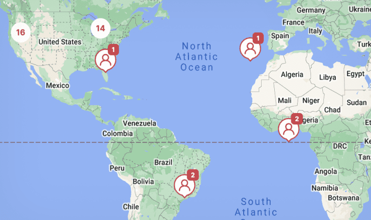 Map showing pinned location for live tracking travelers