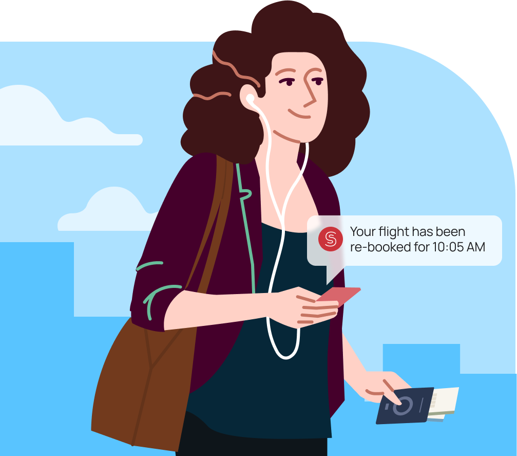 graphic illustration of a lady carrying a passport and phone notification saying her flight has been re-booked for 10:05 AM
