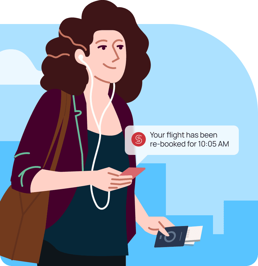 graphic illustration of a lady carrying a passport and phone notification saying her flight has been re-booked for 10:05 AM