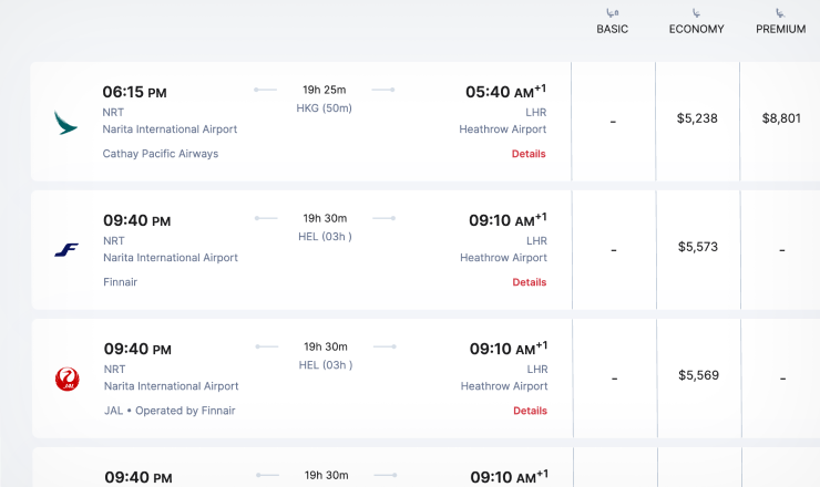 page showing different airports showing basic, economy, and premium prcies
