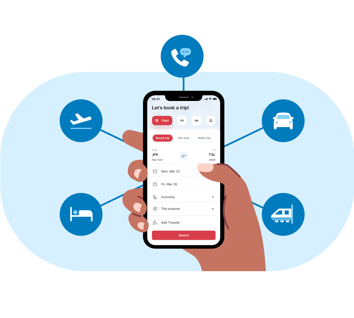 graphic illustration of hand holding phone booking trip