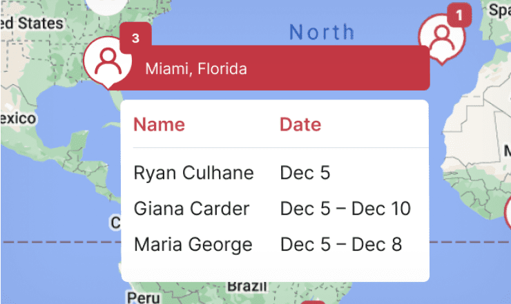 Travelers names with destination and date