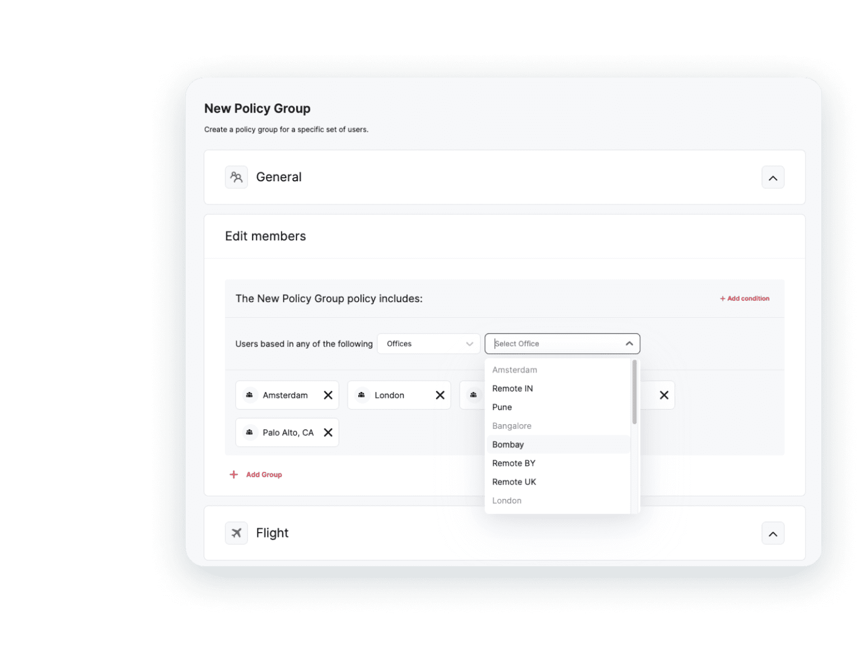 A page for new policy group to create a policy group for set of specific users