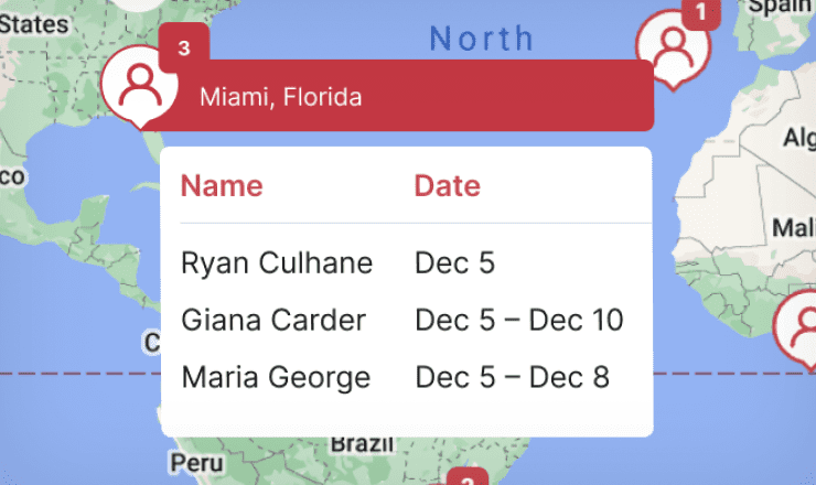 Travelers names with destination and date