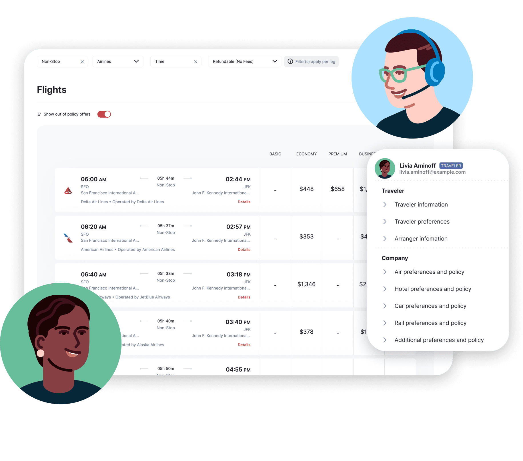 graphic illustration of male customer service worker (on top right) and woman traveler (on bottom left) selecting flight option