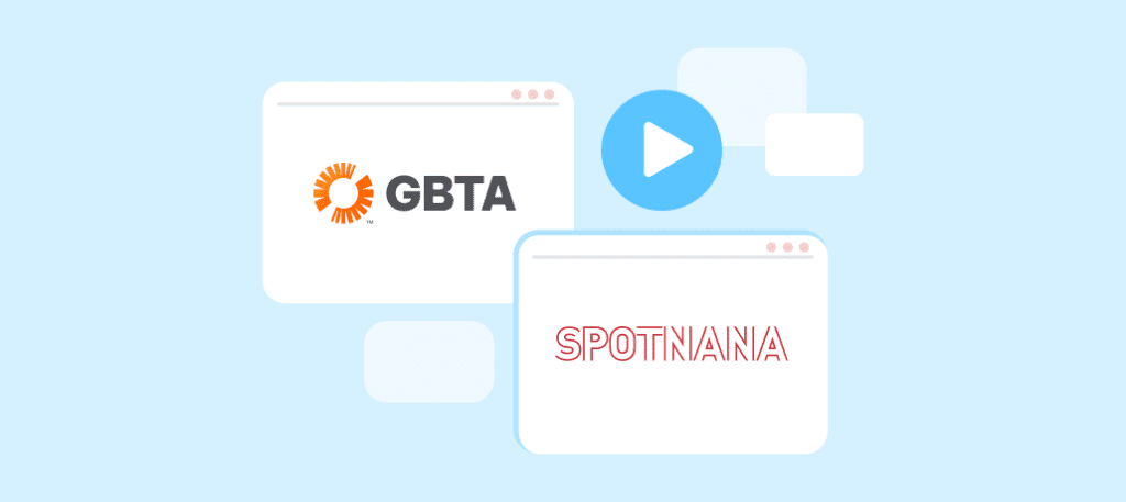 Business Travel News logo (on left side) next to play video icon and Spotnana logo (on bottom right)