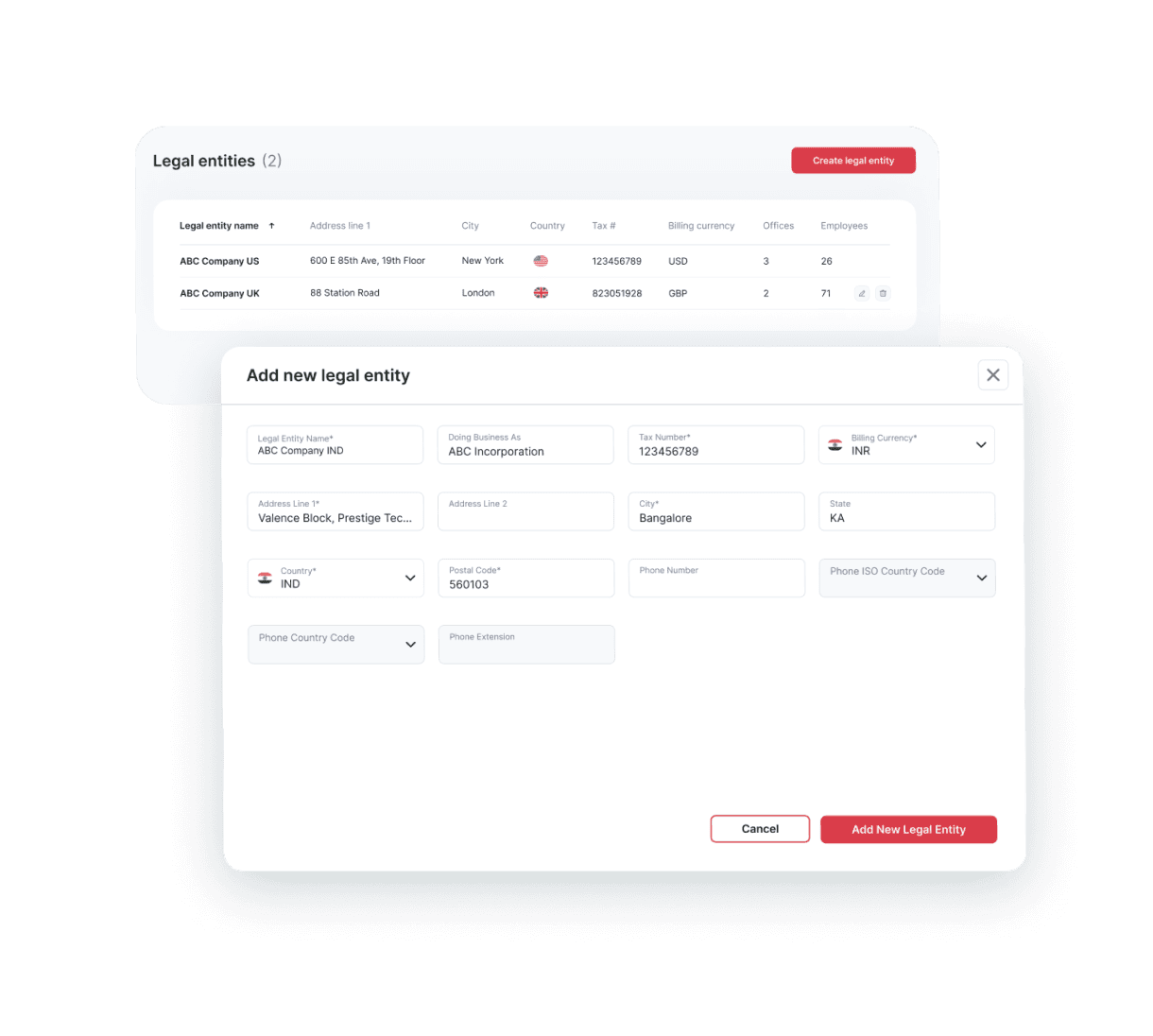 Page for legal entities behind page for add new legal entity