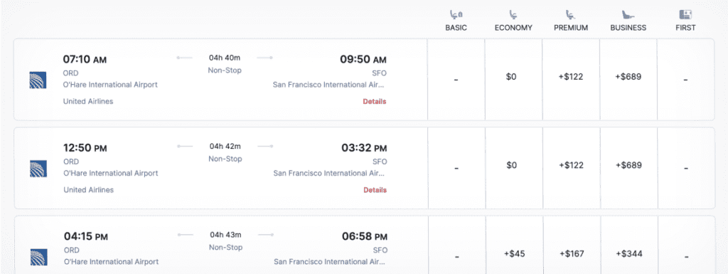 page for selecting flight and cabin class