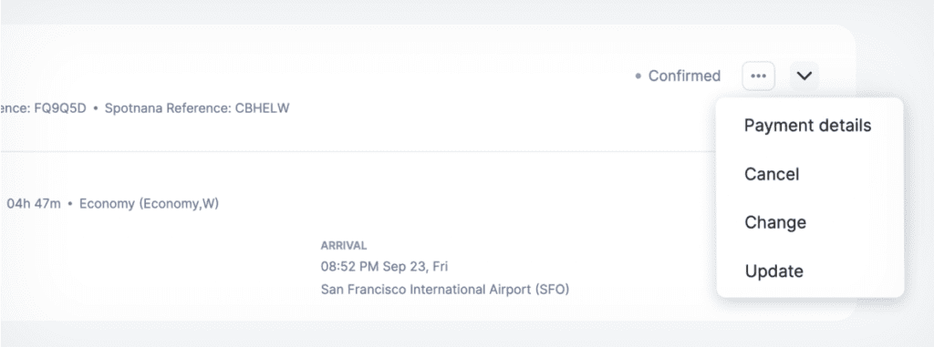 page for selecting payment details, cancel, change, and update regarding flight