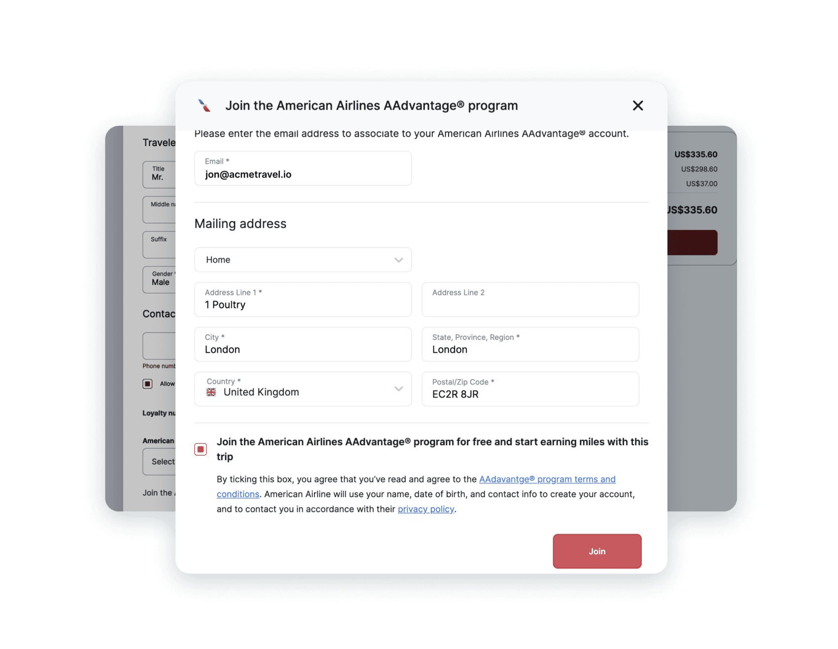 page to join the American Airlines AAdvantage program
