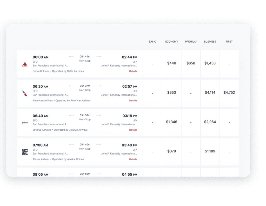 page for selecting flight and cabin class