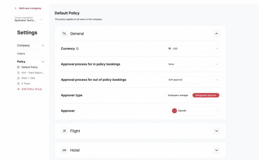 An image of Spotnana's policy engine, showing the area where travel managers can create new policy rules.