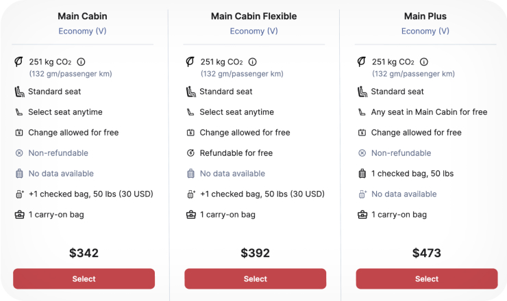 page for selecting cabin class