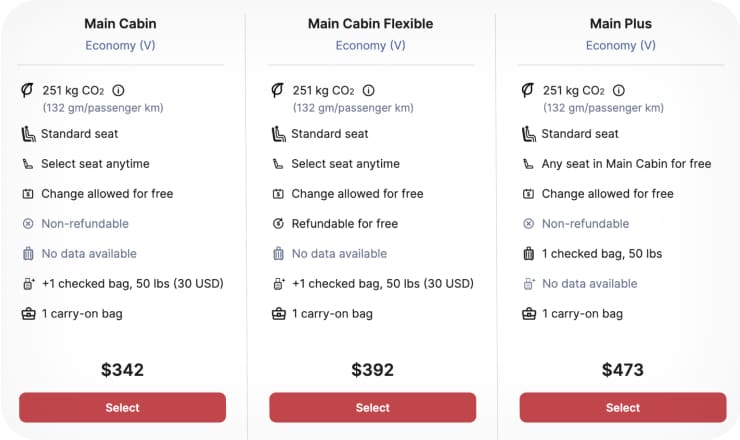 page for selecting cabin class