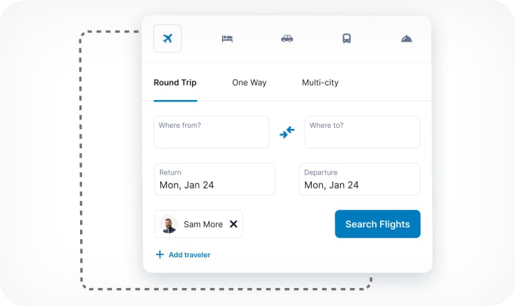 a page for selecting round trip, one way, or multi-city flight