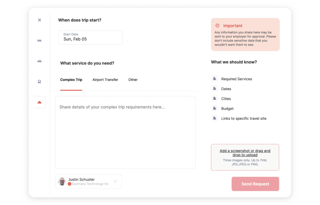 An image of Spotnana's concierge form for Seat 1A travelers.