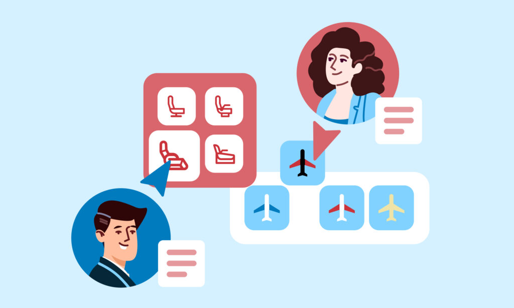 graphic design of male selecting cabin class and woman selecting airplane