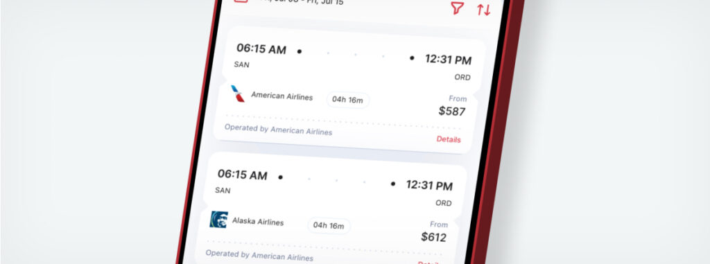 iPhone on page for flight detail showing departure and arrival time with price