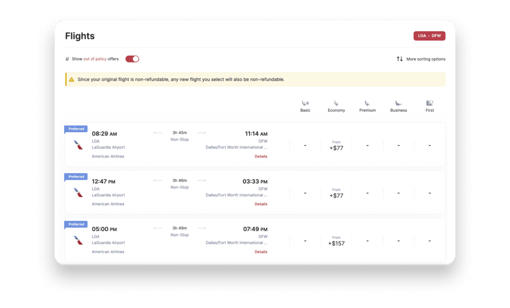 Spotnana's interface showing price differences when changing a flight.