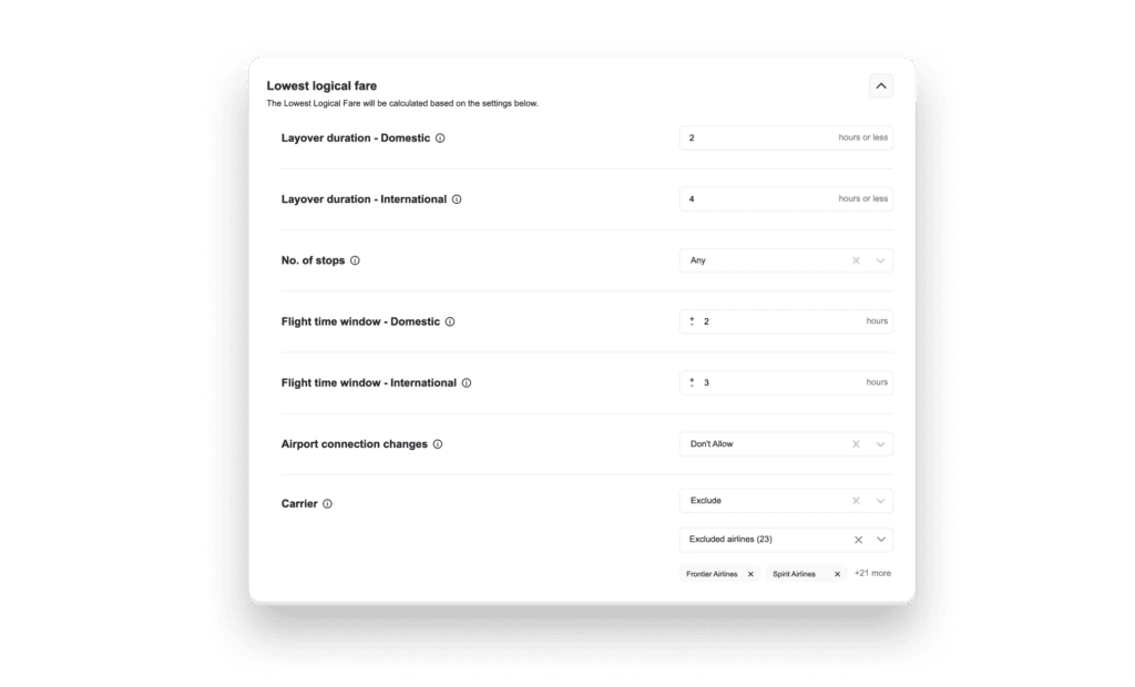 The Spotnana OBT interface for setting Dynamic Lowest Logical Fare rules.