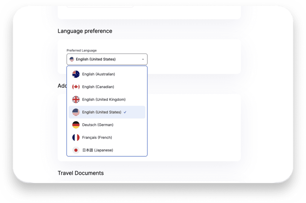 Spotnana's user interface for selecting languages.