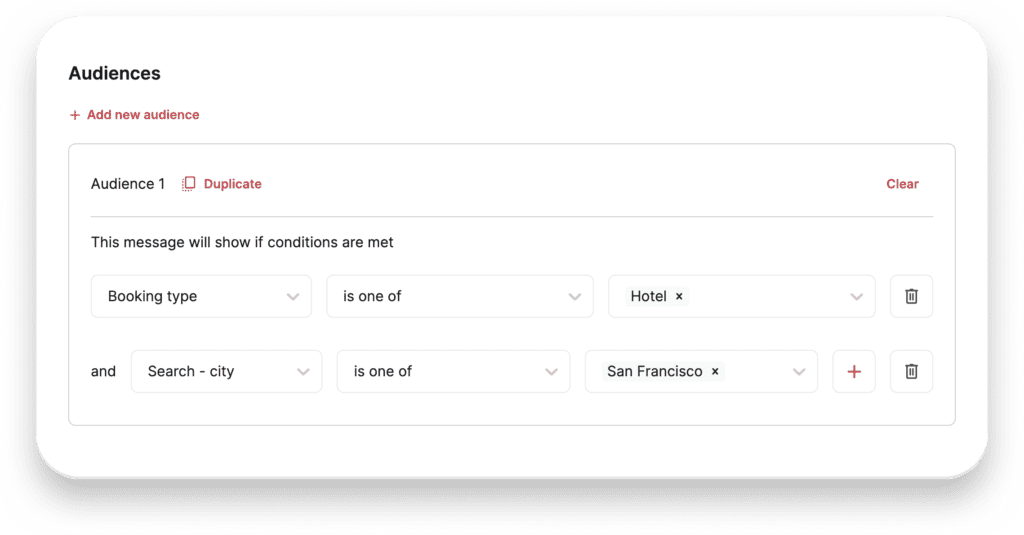 The interface for selecting multiple criteria for site messaging audience on Spotnana.