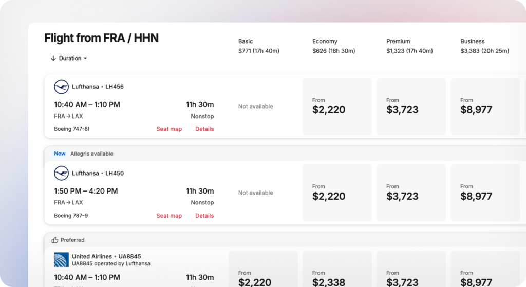 Spotnana's enhanced search display including premium airline cabins.